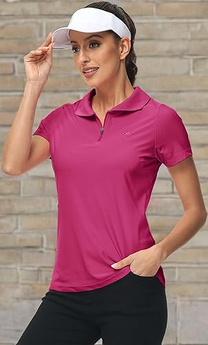 Miniatura 7 de MoFiz Polo de golf para mujer, manga corta, UPF 50+, cuello con cremallera de 14, camiseta deportiva ligera de secado rápido