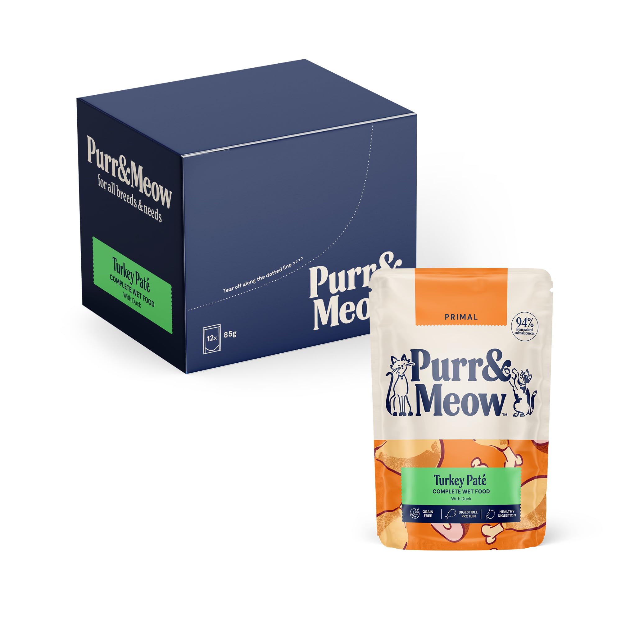 Purr & Meow - Primal Complete Wet Cat Food, Turkey & Duck, 12x85g