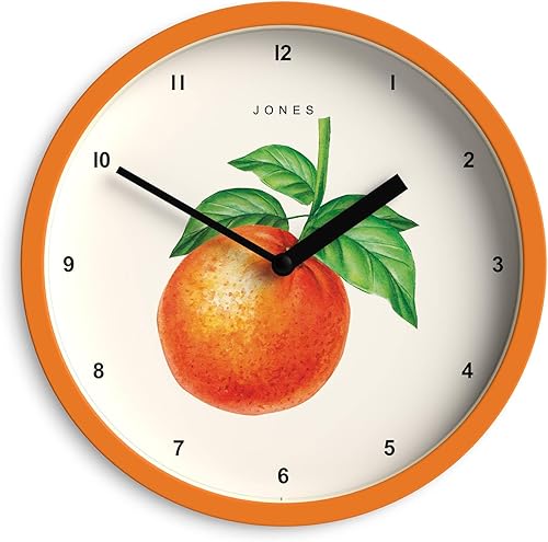 JONES CLOCKS Reloj de pared de frutas  Reloj redondo pequeño  8 pulgadas  Naranja  Arte naranja ilustrado botánico  Ideal para cocina y comedor.