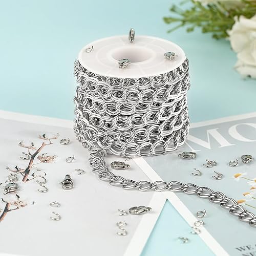 Miniatura 10 de UMAOKANG Cadena de eslabones de plata de 32.8 pies, cadena de acero inoxidable, cadena de rollo a granel con cierre de langosta y anillos de salto