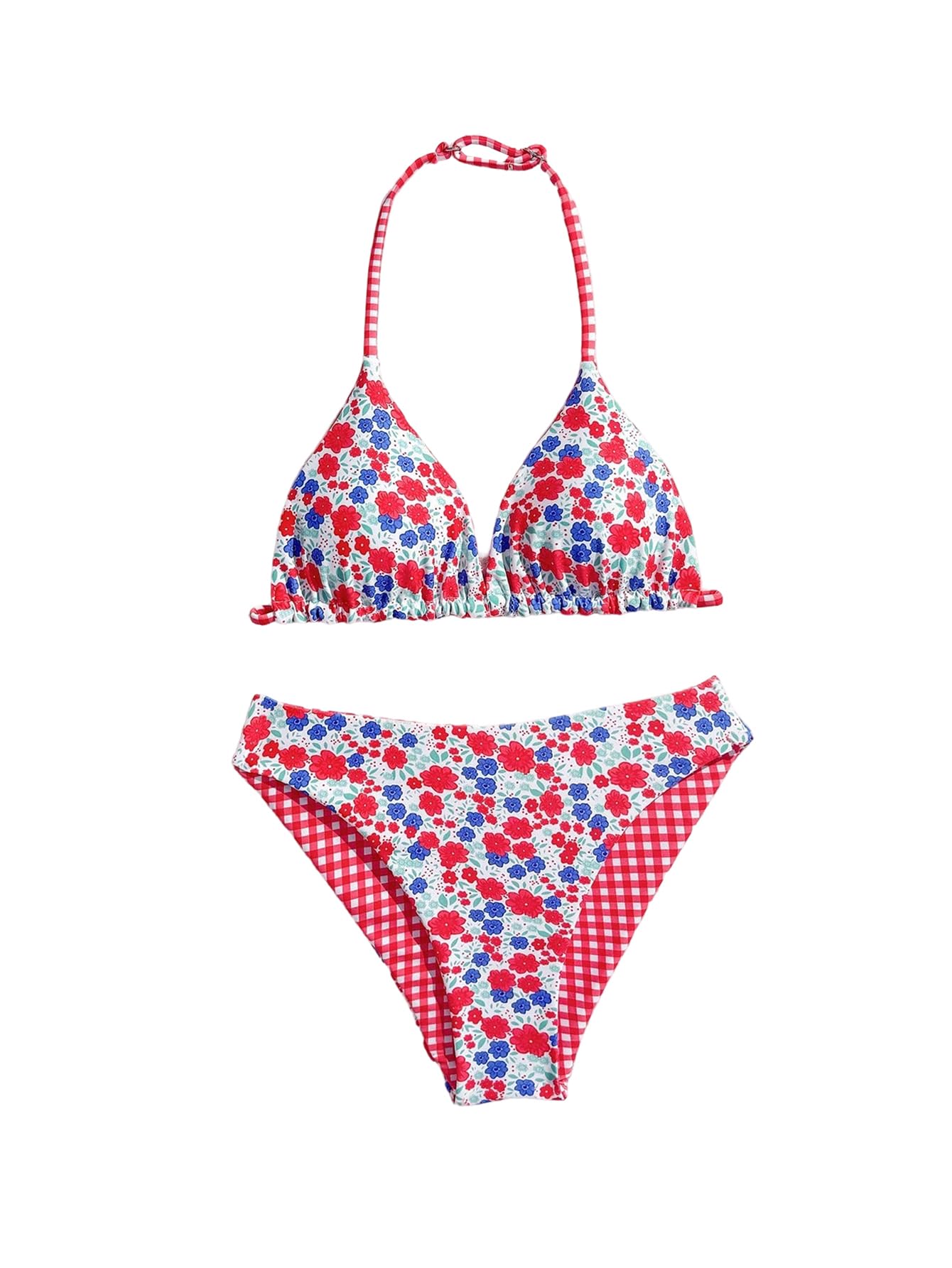 Girl's 2 Piece Swimsuits Floral Gingham Halter Triangle Wireless Bikini Bathing Suit
