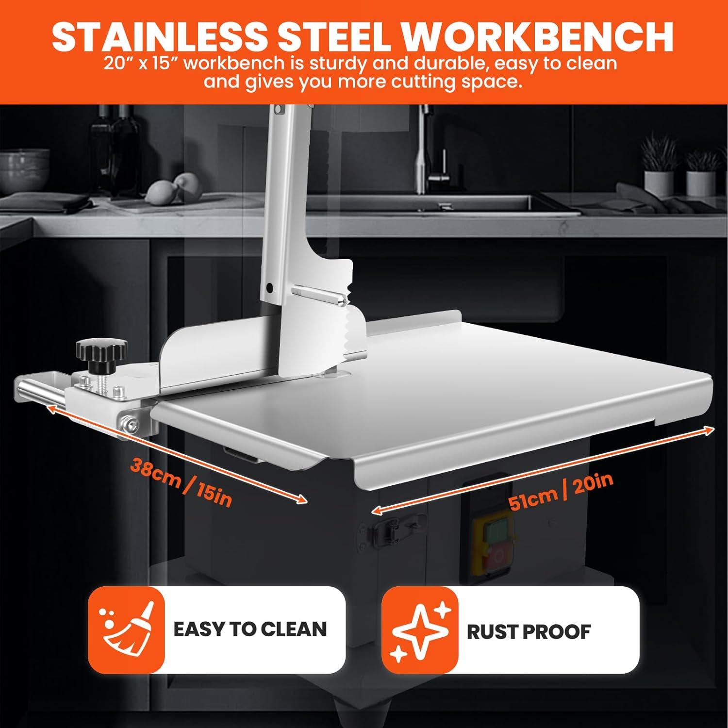 1500W Commercial Electric Meat Bandsaw, Stainless Steel Tabletop Bone Saw Machine with 8 Saw Blades, 0.04-4.5 Cutting Thickness, 20x15 inch Workbeach for Frozen Meat Chicken Fish Beef