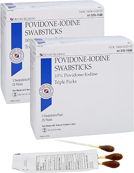 Henry Schein 10% Povidone Iodine Swabstick 3s, Sterile Antiseptic, 50 Ct