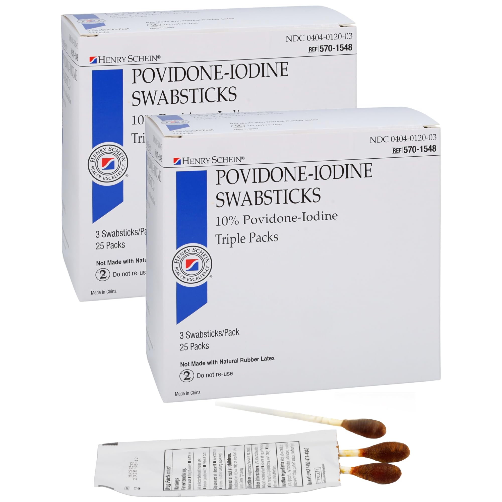 Henry Schein 10% Povidone Iodine Swabstick 3's, Sterile Antiseptic, 50 Ct