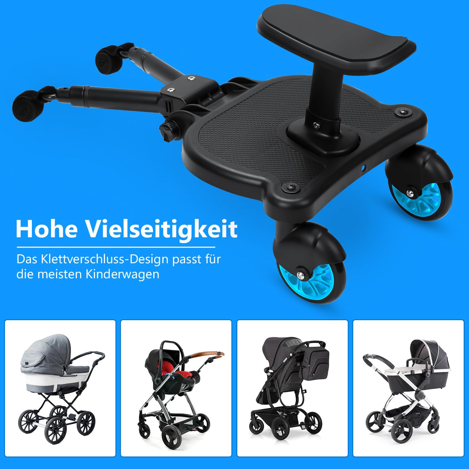 𝗝𝗮𝘅𝗴𝘂𝗼𝗺 Buggy Board mit Sitz, Kiddy Board für Kinderwagen, Universal Trittbrett mit abnehmbarem Sitz, 360 Grad Doppelrad, verstellbar, bis 25 kg, Blau