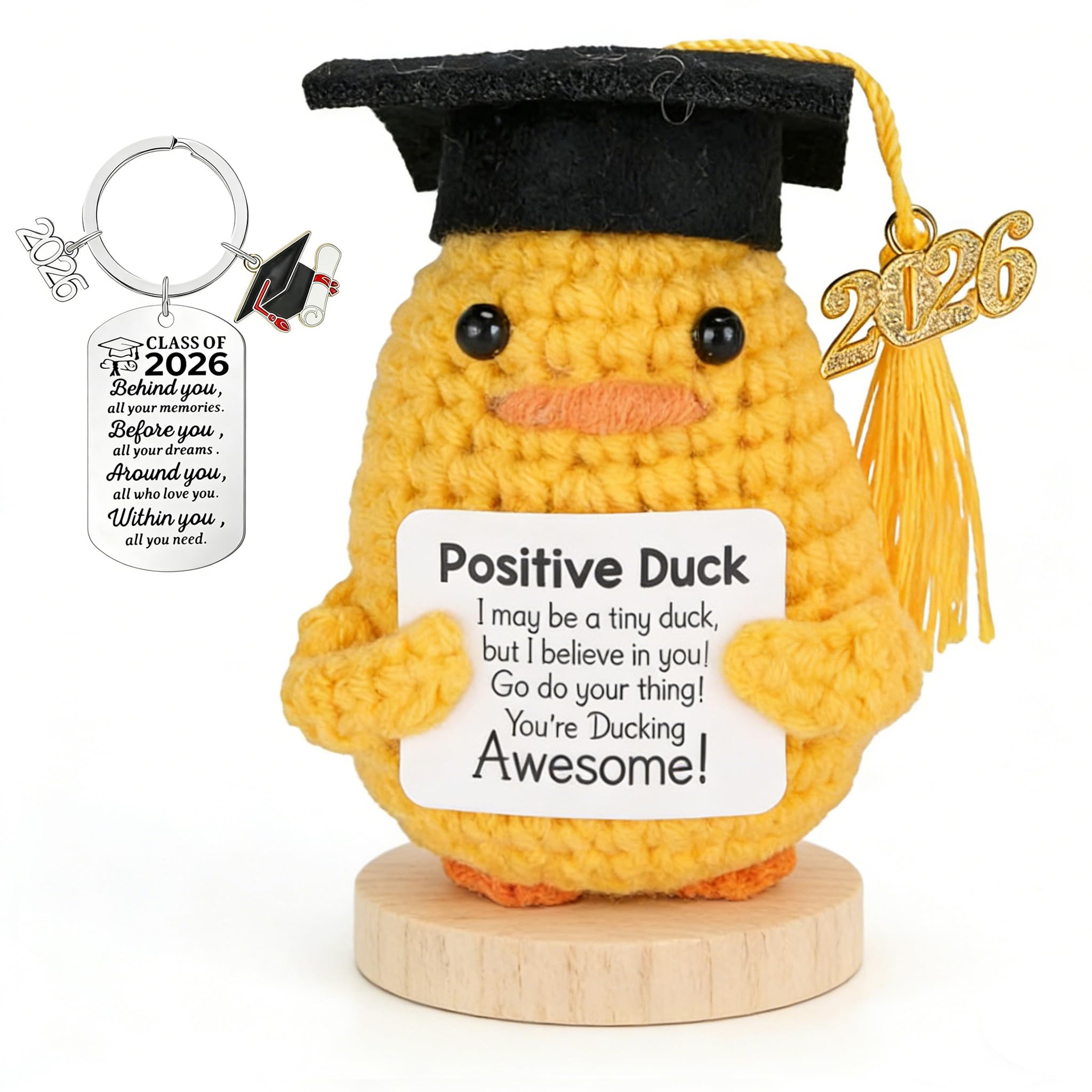 2 PCS Graduation Gifts Set Class of 2026, Inspirational Positive Duck with Keychain, Cap and Greeting Card, Cute Handmade Funny Emotional Support Pickle for Her Him High School College - 2