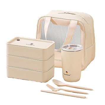 Lunch Box Set of 8 White Bag 3 Microwave-Safe Containers 1 Plastic Spoon and Fork Stainless Steel Insulated Water Bottle for Work Travel Microwave Safe Easy to Carry Full Meal