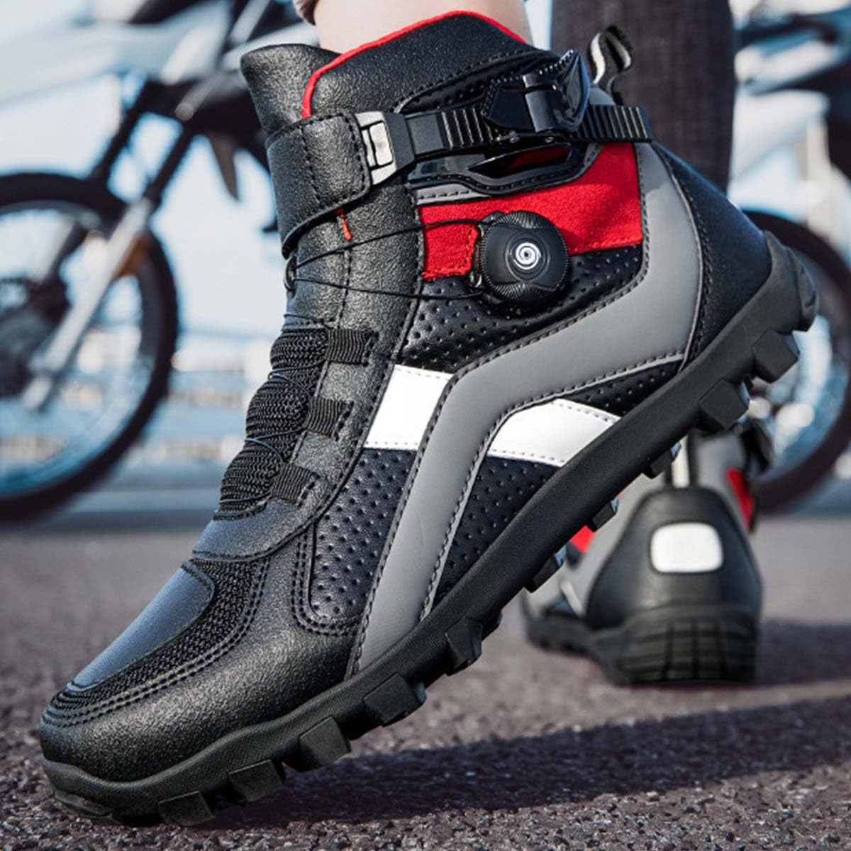 Zapatos de Moto para Hombre con Protectores Zapatos de Calle Motocicleta Reforzados, Cierre Rápido, Antideslizantes, Resistentes