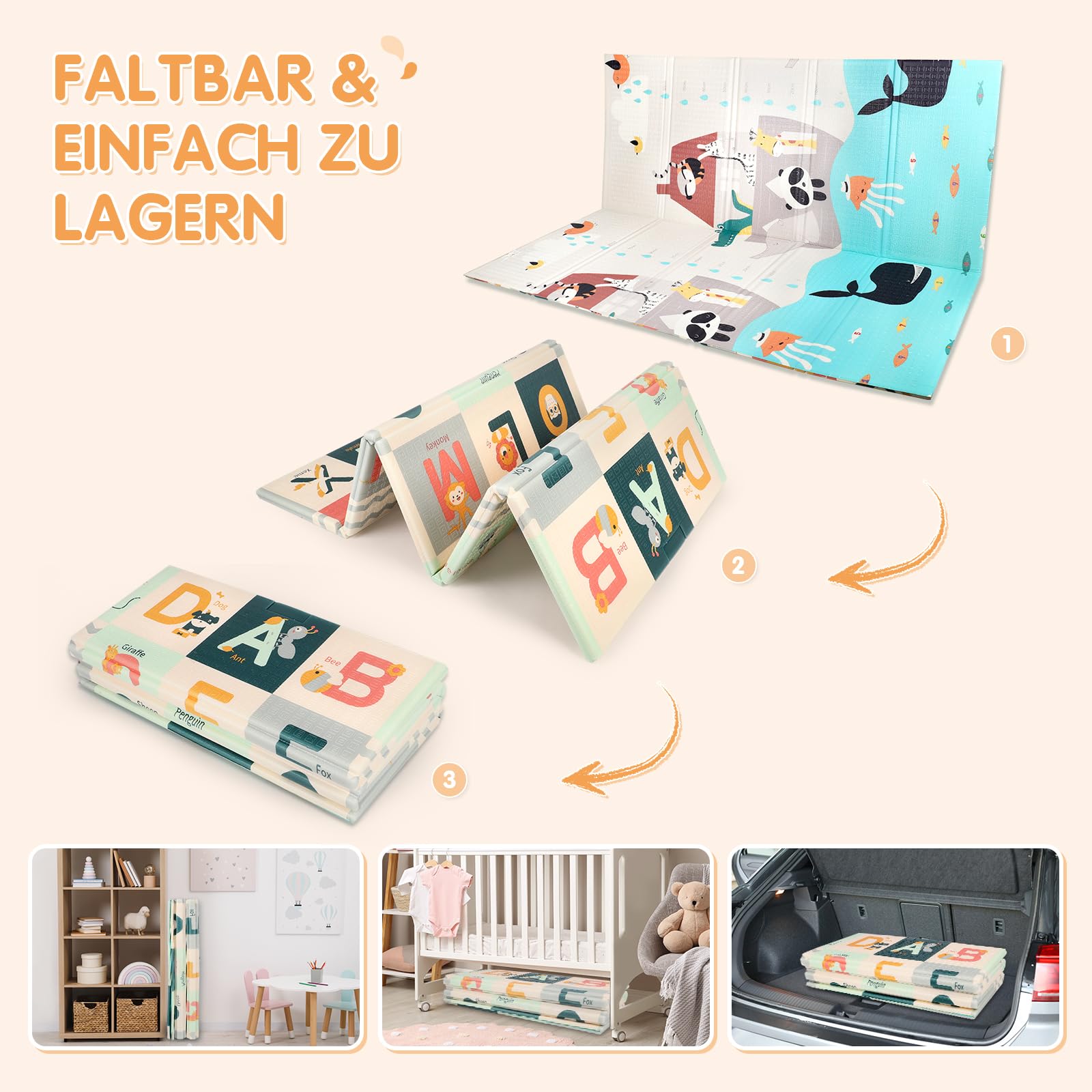 Dripex Krabbelmatte Baby Faltbar 200x180x1.5 CM Kinder Spielmatte BPA-frei | Groß Spieldecke Rutschfeste Krabbeldecke Wendbar Tragbar & Wasserdicht für Kinderzimmer Wohnzimmer (ab 0 Monate)