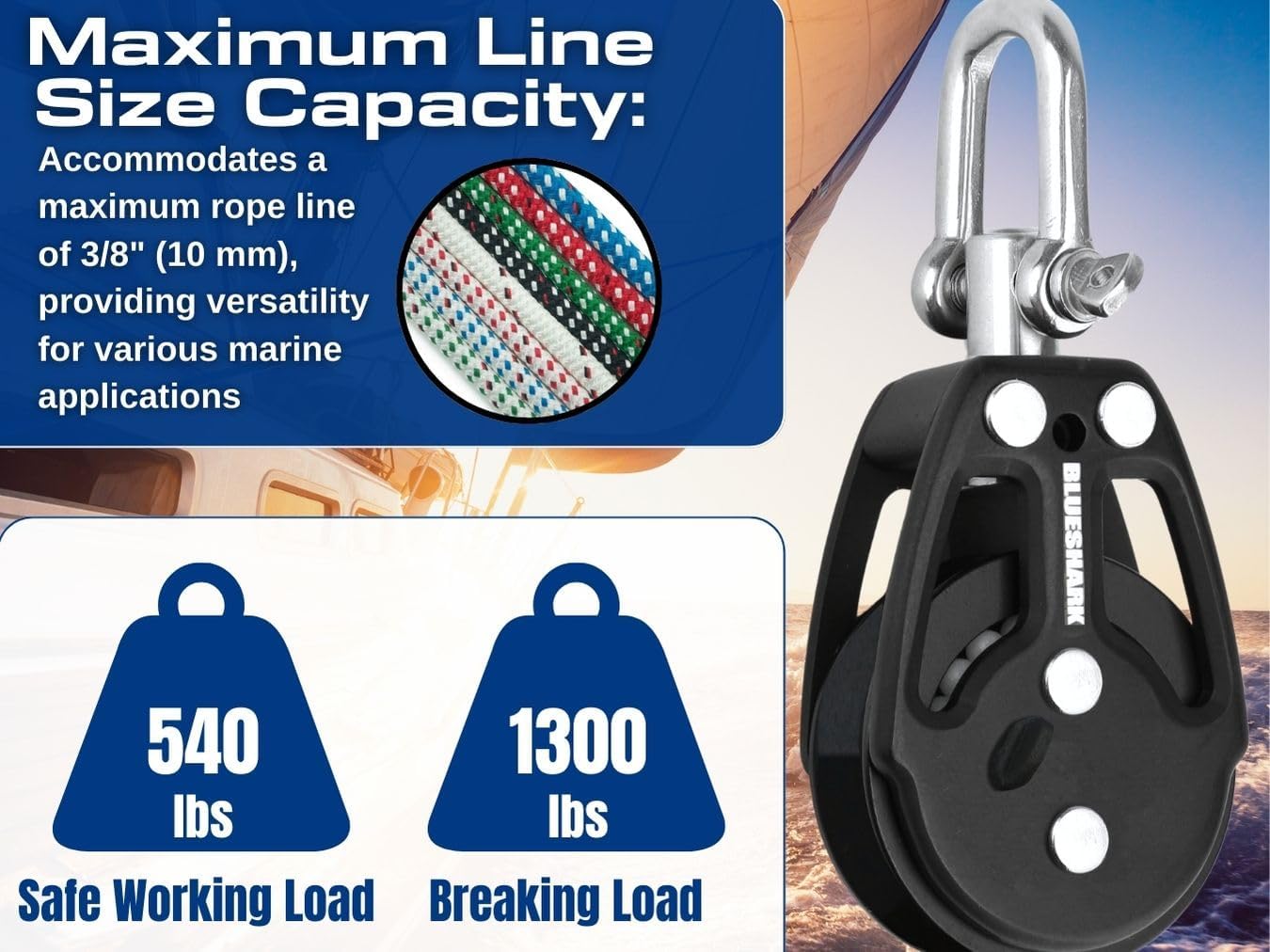 Blue Shark 2250-R - 38mm Single Swivel Ratchet Aluminum Sailing Block - Max Line: 3/8” (10 mm), Safe Working Load (SWL): 540 lbs, Breaking Load: 1300 lbs (1-Pack)