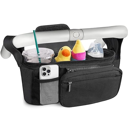 EASYFUN Organizador de cochecito de bebé con 2 portavasos aislados, bolsillo desmontable con cremallera y correa de hombro ajustable, accesorios