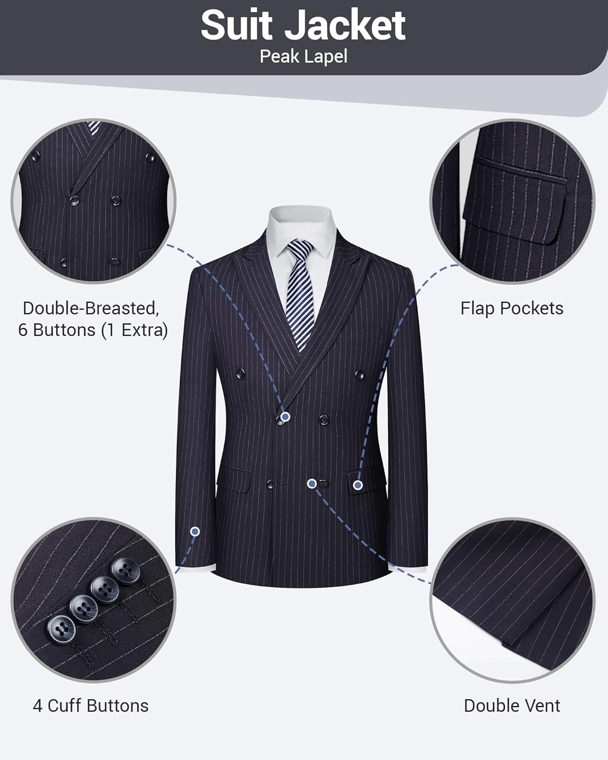 Men's Double Breasted Slim Fit Wedding Suit, 2-Piece Peak Lapel Stretch Washable Formalwear Groom Business Suit - Image 3
