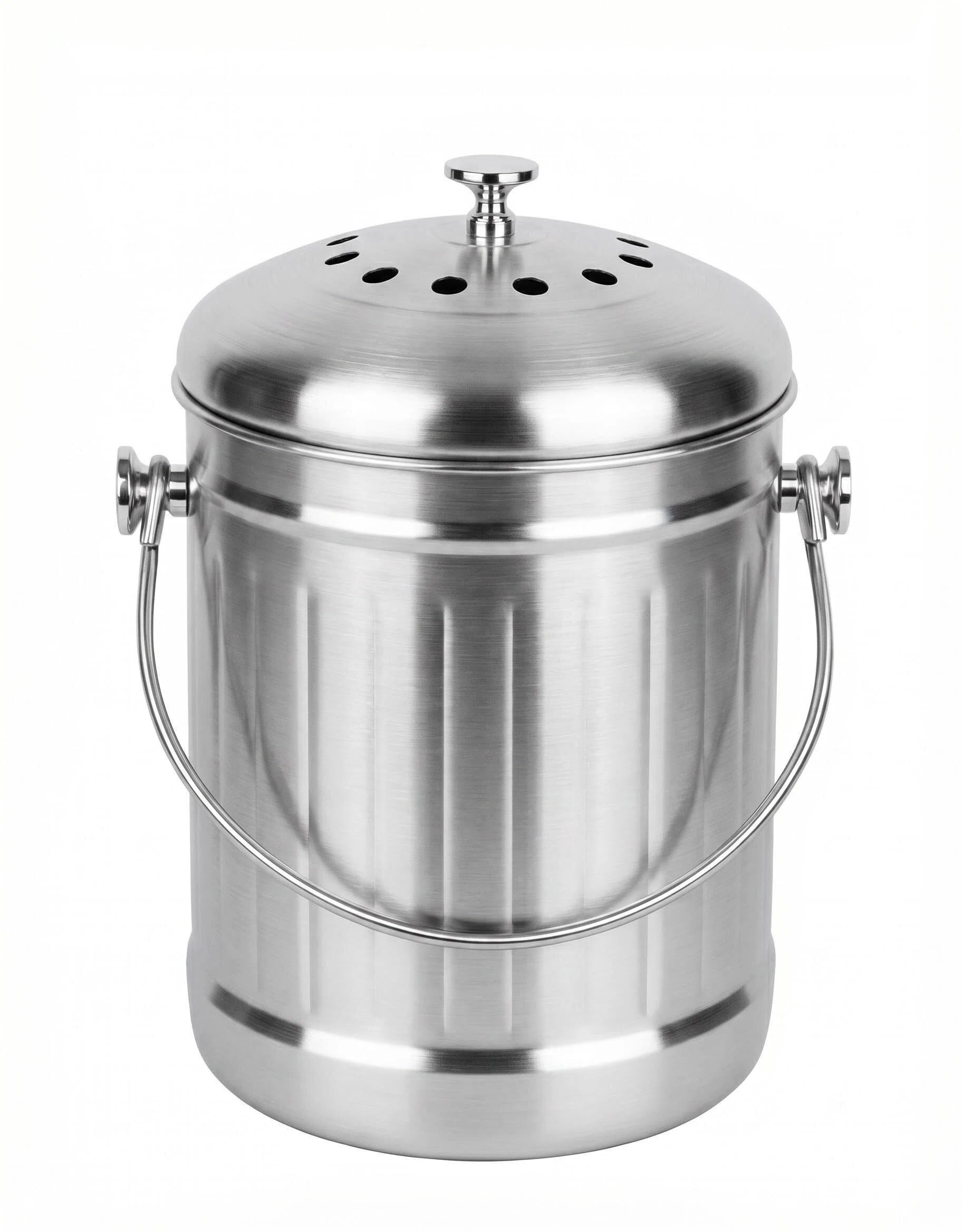 Veinvify 1.3 Gallons 5L Brushed Stainless Steel Kitchen Countertop Undersink Indoor Odorless Composting Compost Bin Countertop Composter with Charcoal Filter Inside Lid Brushed