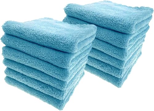 Mr Towels Paquete de 12 toallas de limpieza de microfibra ultra suave sin bordes, multiusos, de felpa multiusos de 12 x 12 pies, súper absorbentes