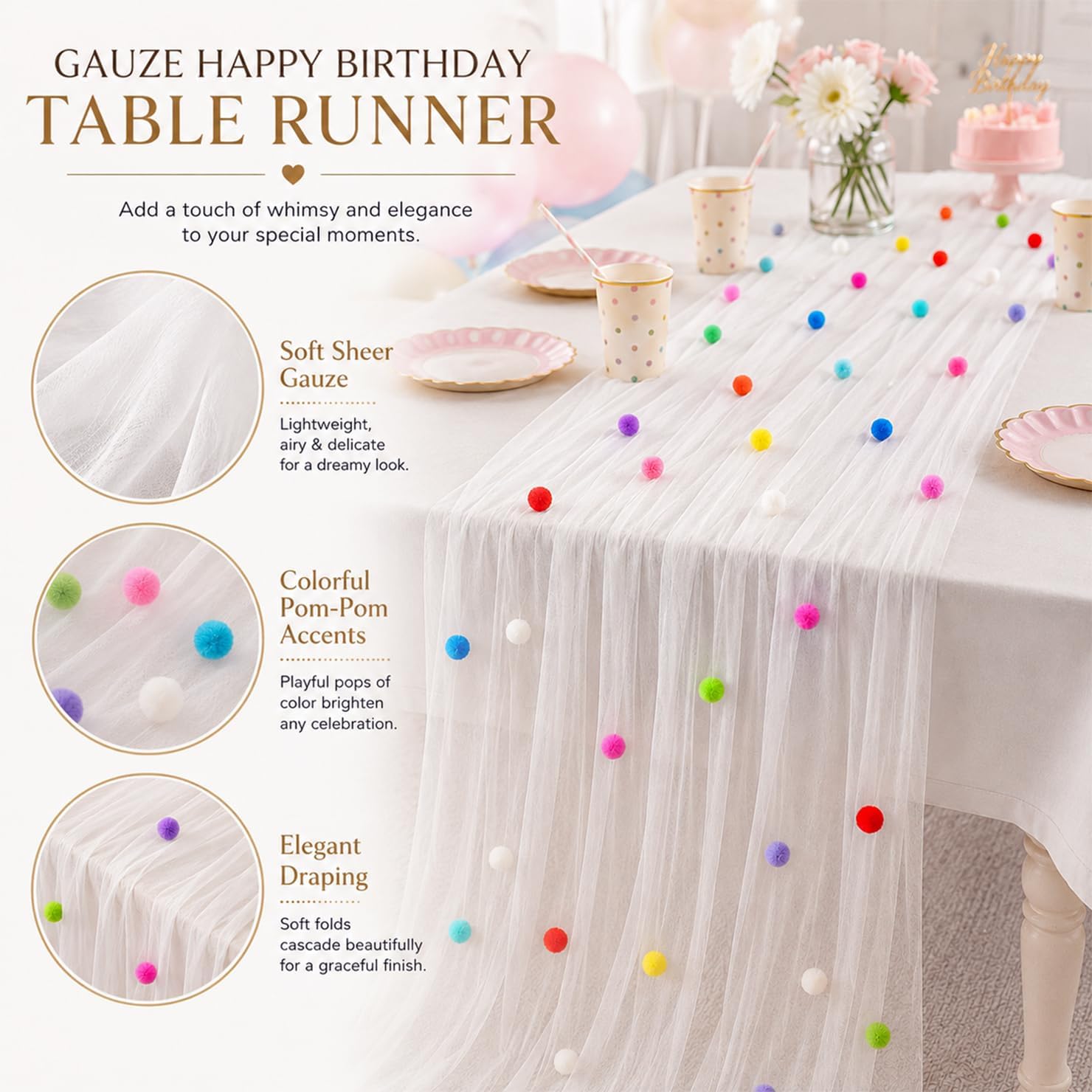 Gauze Happy Birthday Table Runner, 30 X 118 Inches Kitchen Dining Table Decoration for Home Party Decor ( White)