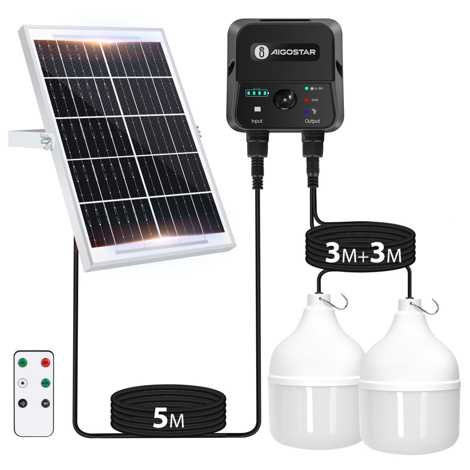 Aigostar- Luz Solar Exterior con Sensor 70W, Lámpara Solar Exterior con Mando a Distancia y Caja de Almacenamiento de Energía, Cable de 11M, IP65 Impermeable, para Interior, Jardín, Camping, Pesca