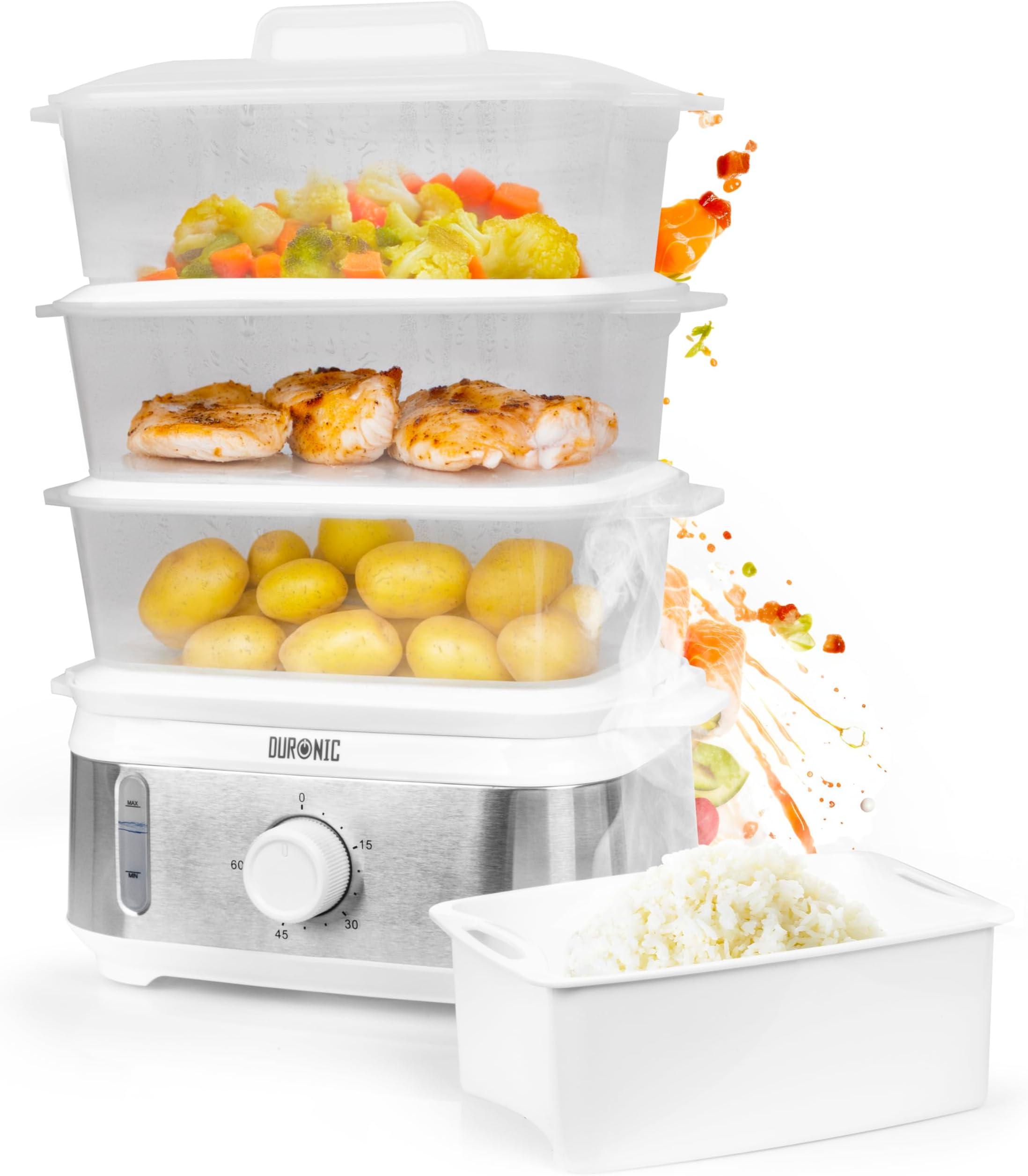 Duronic Electric Food Steamer FS87, Vegetable Steamer with Rice Bowl, 3
