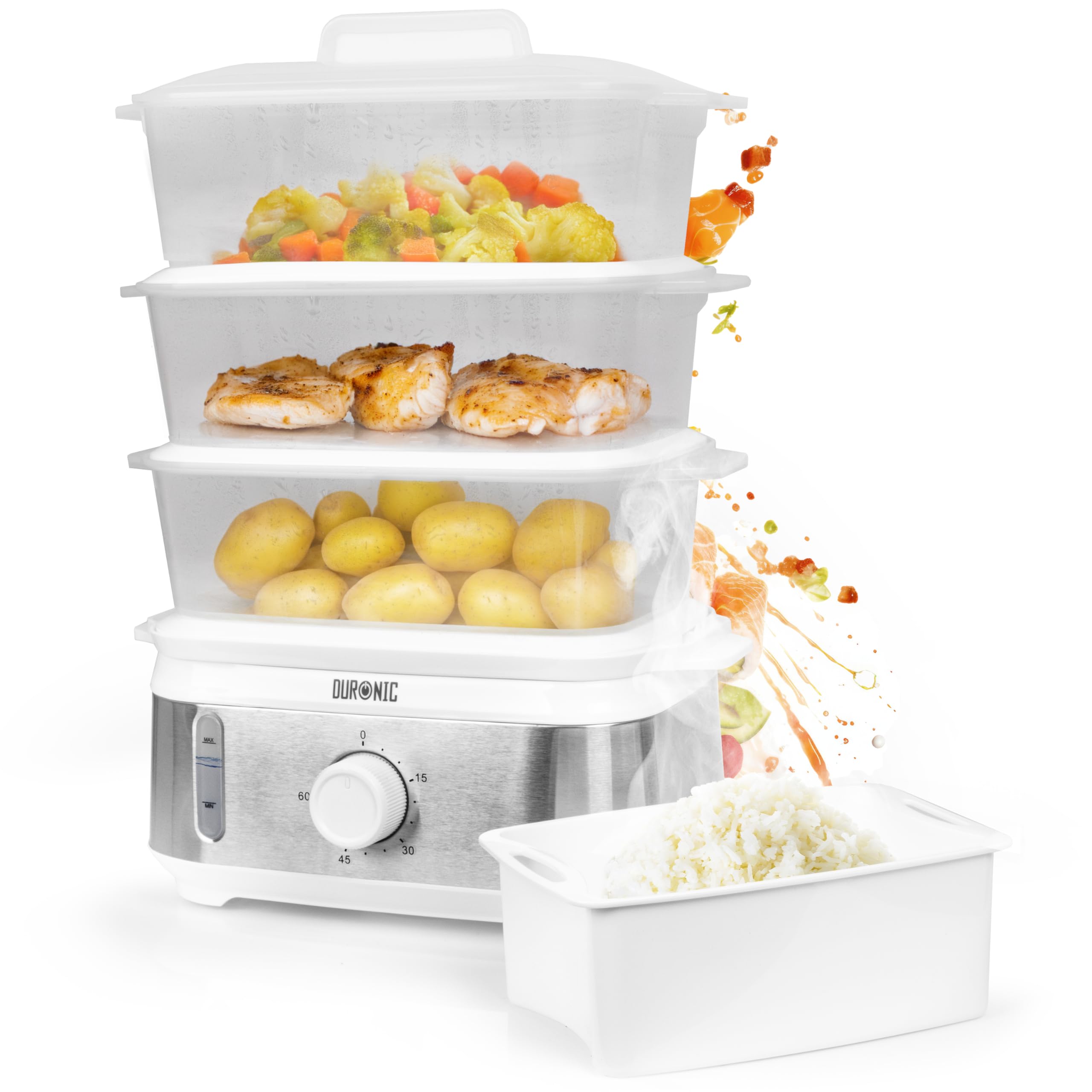 Duronic FS95 WE White Electric Food Steamer, 3-Tier 9L Steam Cooker with Rice Bowl & 60-Min Timer, 950W BPA-Free Countertop Vegetable Steamer for Fish, Meat, Rice, Eggs, Dumplings, Momos & Baby Food โ image 1