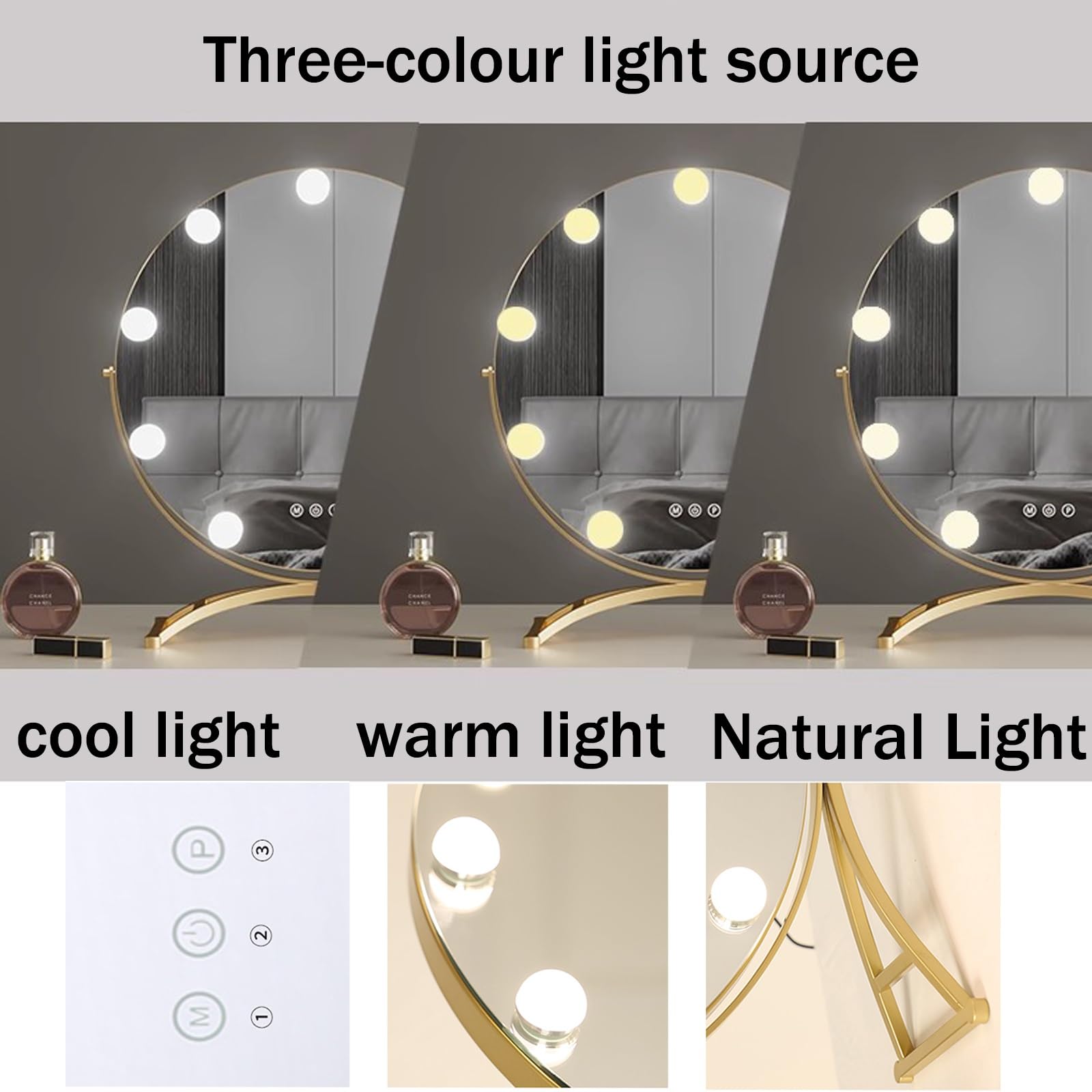 Duże lusterko kosmetyczne ze światłami, okrągłe lusterko do makijażu ze ściemnianym sterowaniem dotykowym, 3 ustawienia kolorów, obrót o 360°, złote wykończenie toaletki i niezbędne akcesoria