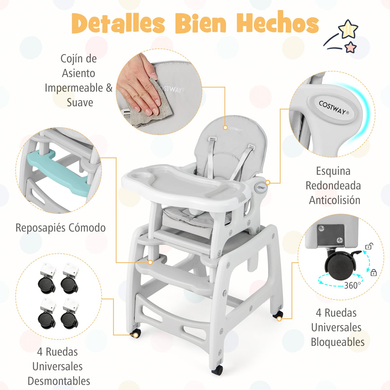 COSTWAY 5 en 1 Tronas de Bebe, Trona Portatil con 2 Bandeja Extraíble de 4 Posiciones, Cojín, Respaldo de 3 Niveles, Silla de Comer, Trona Evolutiva para 6-72 Meses