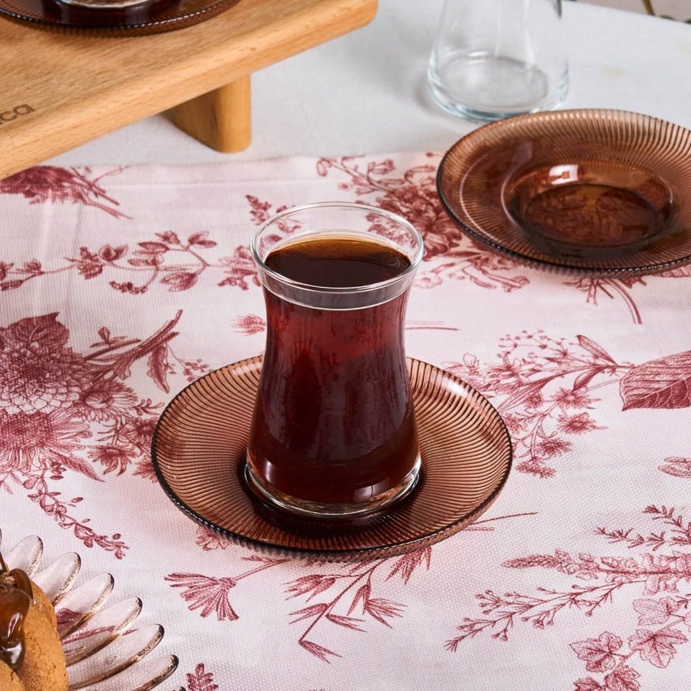 Karaca Juliet Turkish Tea Cups Set of 12, 170ml/5.74oz Turkish Tea Glasses with Brown Detail Saucers for 6 People, Ideal Glass Set for Mother's Day and Housewarming - Image 8