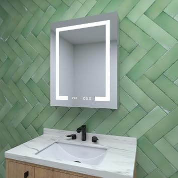 24"x30" LED Bathroom Mirror Cabinet with Lights, Clock & Temp Display, Anti-Fog, Dimmable, 4 Shelves, Soft Close | Wall Mounted Right Open, Front Lit, Over Sink Vanity