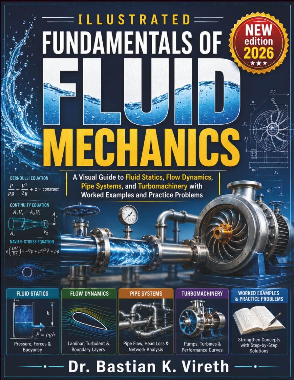 ILLUSTRATED FUNDAMENTALS OF FLUID MECHANICS: A Visual Guide to Fluid Statics, Flow Dynamics, Pipe Systems, and Turbomachinery with Worked Examples and Practice Problems