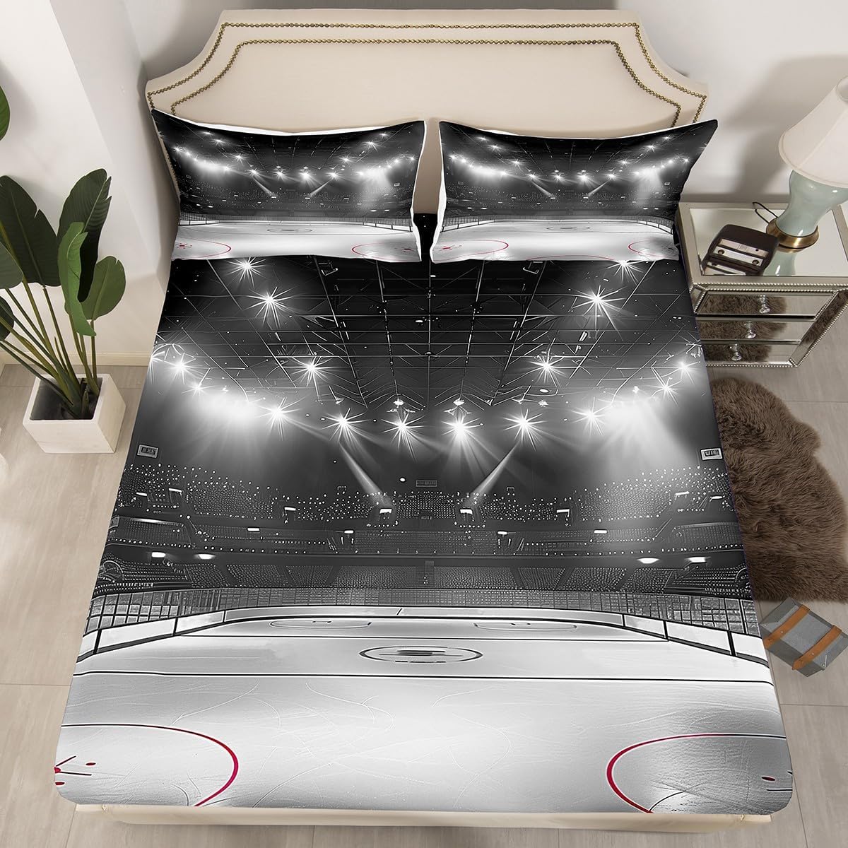 jejeloiu Kids Ice Hockey Bedding Set Full Size Sports Hockey Fitted Sheet for Boys Girls Teens Winter Event Ball Games Bed Sheets Set Soft Microfiber,No Flat Sheet