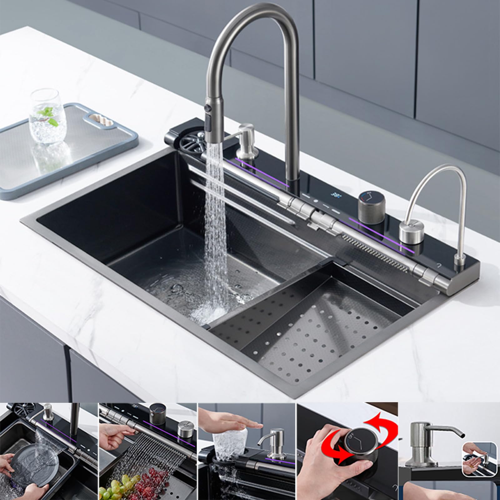 Kitchen Sink LED Digital Display Workstation,Integrated Stainless-Steel Basin,pull-out faucet, rotating waterfall, cup washer, Prep Bowl + Cutting Board for Cooking, Washing, Thawing (80 * 46 * 22cm)