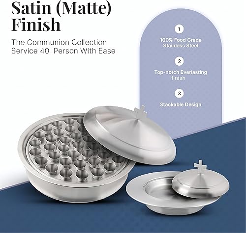 Miniatura 2 de Communion Ware Holy Wine - Bandeja para servir con tapa y un plato apilable para pan con tapa + 40 tazas, acero inoxidable (mate) Mate,Latón/dorado