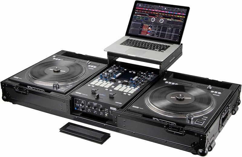 Black Low Profile Rane Twelve and Rane Seventy/Seventy-Two Coffin Flight Case with Glide Platform | Low profile black design, sliding laptop shelf, dense foam interior, protects your full battle rig on tour