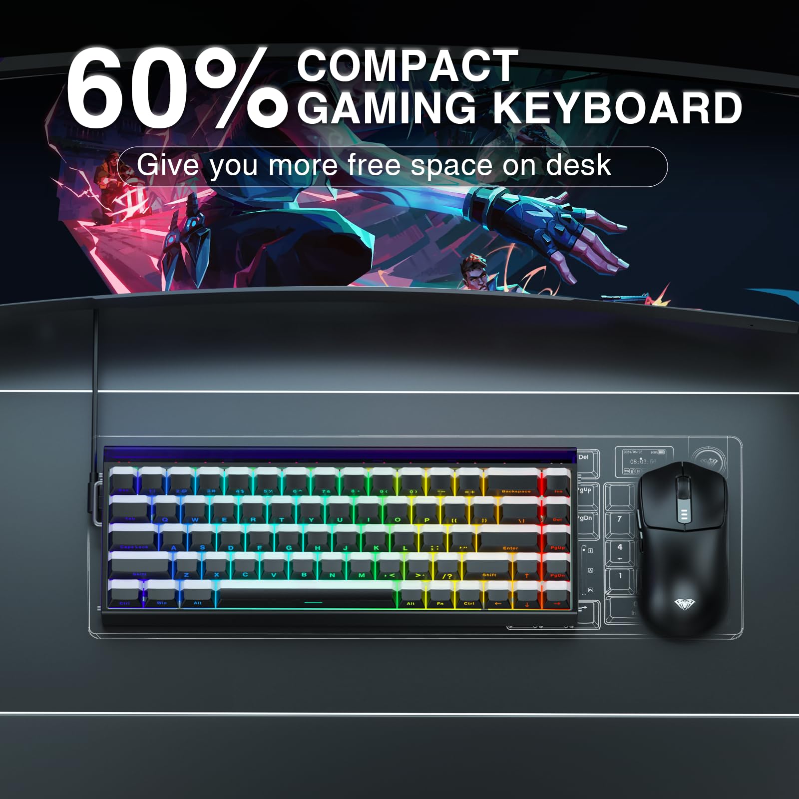 AULA Hero 68 Gaming Tastatur Mechanisch,Hall Effect Magnetic Switch,0.01mm Einstellbare Betätigung Rapid Trigger,8K Polling Rate,Seitlich Graviert,60% RGB Tastatur mit Kabel,QWERTY (Schwarz)