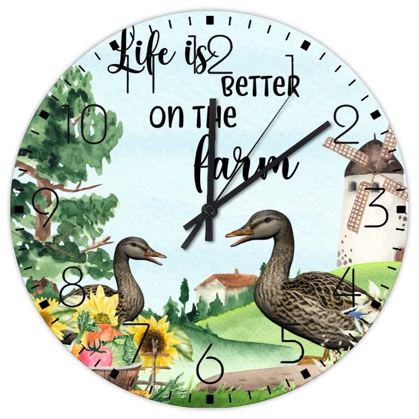 Horloge murale en bois canard tournesol de 30 cm silencieuse à piles pour une décoration de ferme