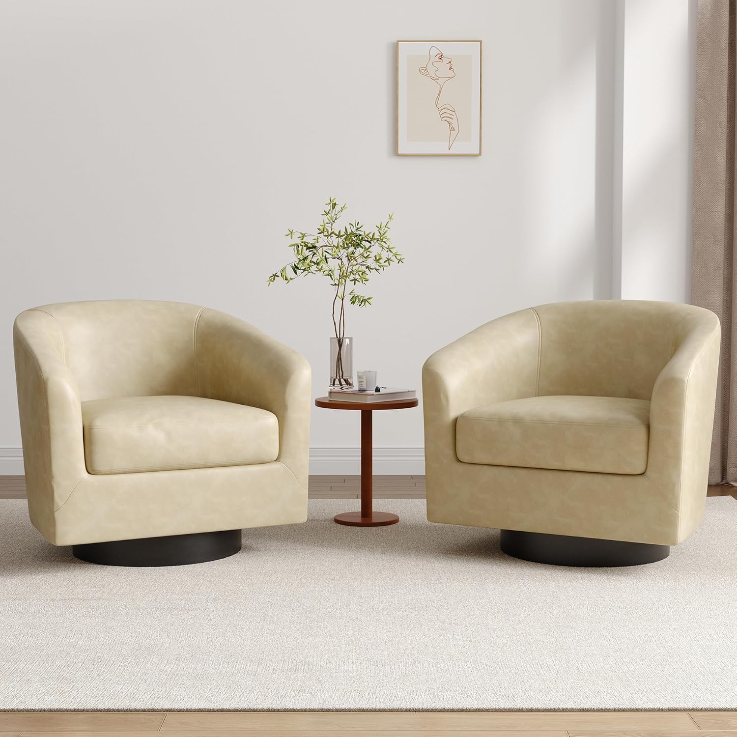 Lumibee Faux Leather Swivel Barrel Accent Chairs Set of 2, Upholstered Comfy Round Swivel Barrel Chair, 360° Rotation Single Sofa Club Armchair for Living Room, Reading Room, Bedroom (Cream)