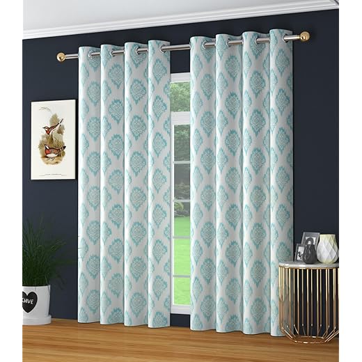 Damas Printed Curtains Pack of 2 5 Feet Aqua Blue