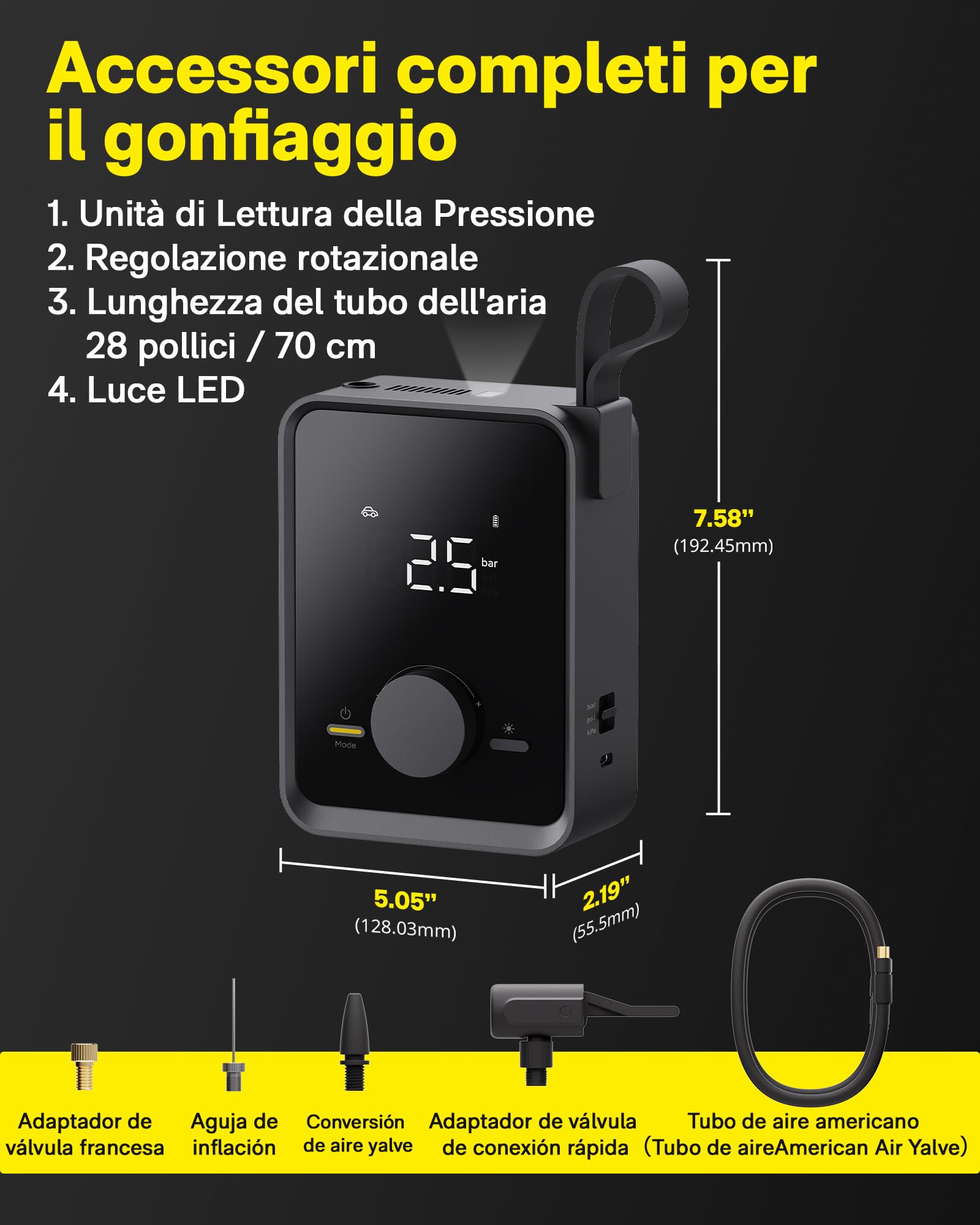 Compressore Aria Portatile, Gonfia Elettrico Pro con Manometro Digitale 120PSI, Gonfiatore per pneumatici per Auto,Pompa Elettrica per bici con Motore 12V, 7500mAh, Compressore D'aria per moto,palla