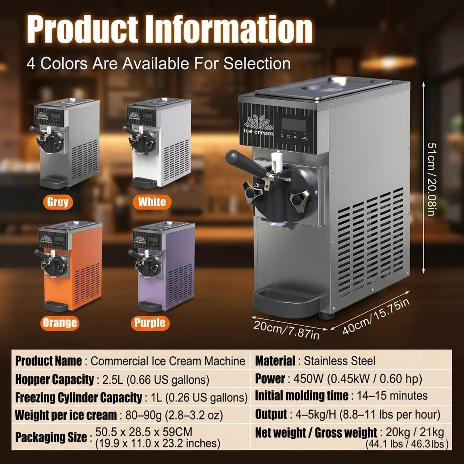 Macchina Gelato Soft Commerciale 450W 1 Gusto, Macchina da Banco, 4-8kg/H, Tramoggia 2,5L, Display LCD, Autopulizia, per Ristoranti e Gelaterie Purple-220V