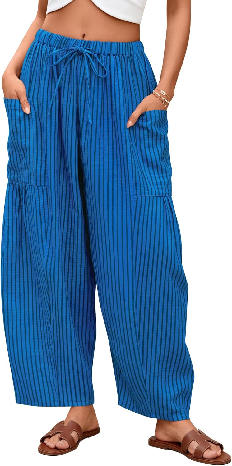 ZESICA Women’s Striped Wide Leg Palazzo Harem Pant 2026 Summer Drawstring Baggy Lounge Beach Travel Trouser with Pocket