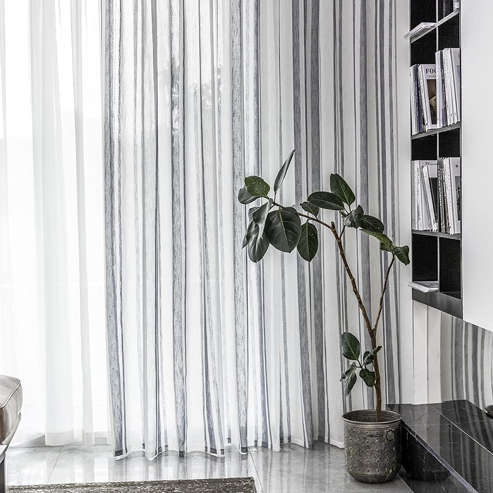NAPEARL White and Grey Striped Semi Sheer Curtains, Linen Textured Privacy Curtains 96 Inches Long, Attractive Patterned Sheer Curtains for Bedroom Living Room (2 Panels, Each 52 x 96 in)