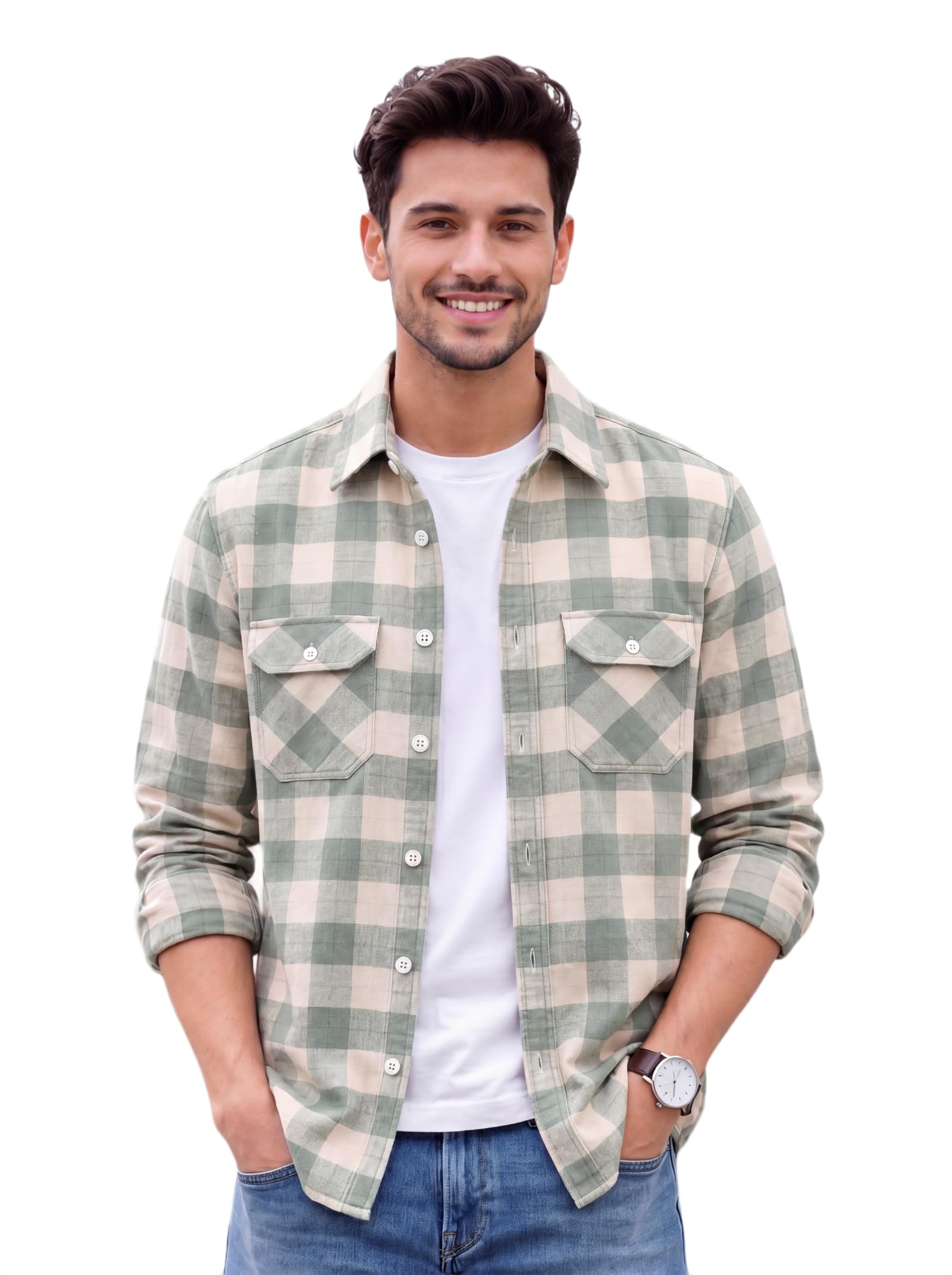 amazon brand - inkast Men's Cotton Blend Button Down Shirt || Long Sleeve Casual Flannel Check Shirt || Soft Breathable Lightweight Collared Shirts with Two Flap Chest Pockets || Stylish Everyday Wear-picture-10