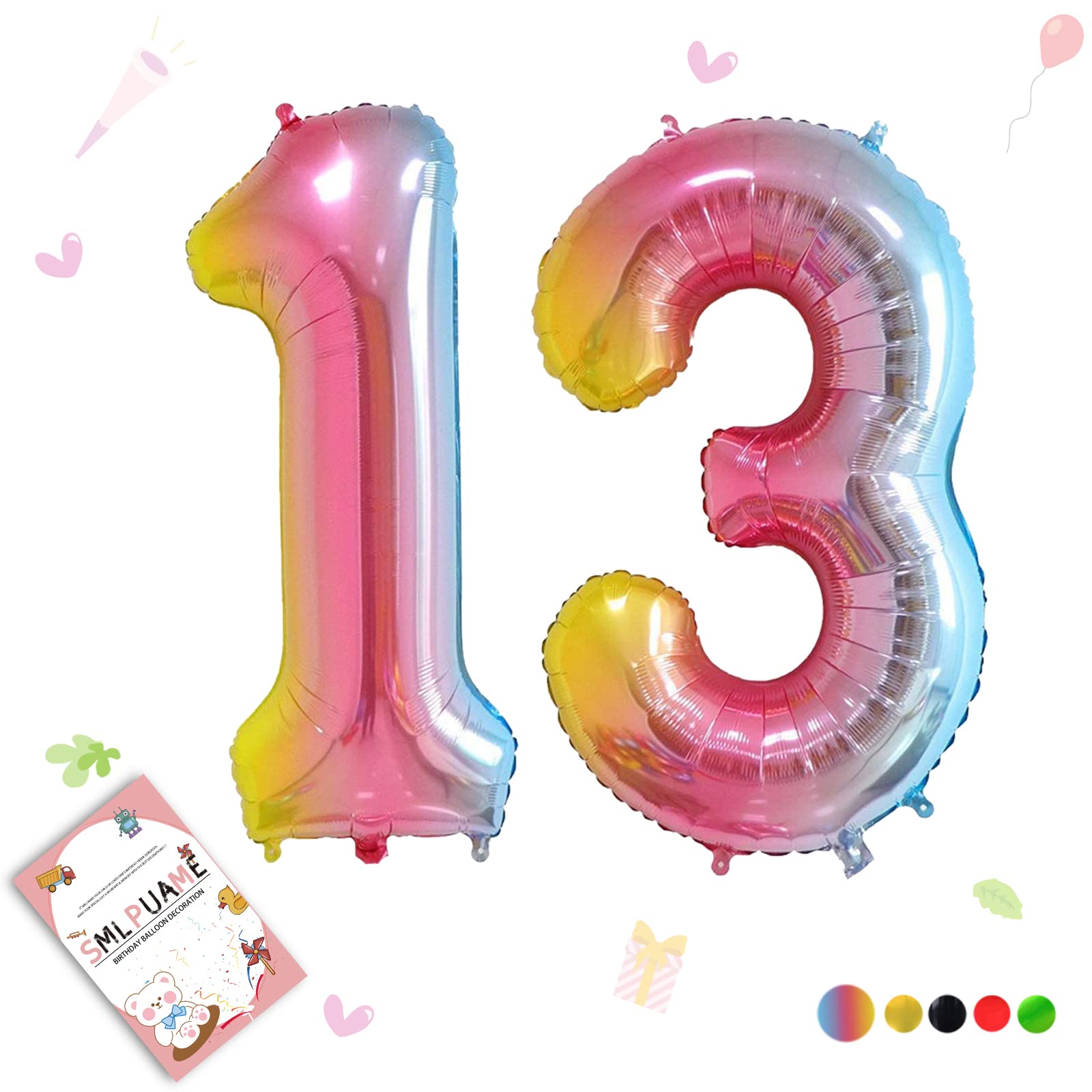 Smlpuame Rainbow Number 13 Balloons, 40 Inch Gradient Birthday Foil Balloon for Boys Girls, Self Inflating Helium Mylar Balloons 0-9 for Women Anniversary Party Celebration Decorations Supplies — image 1