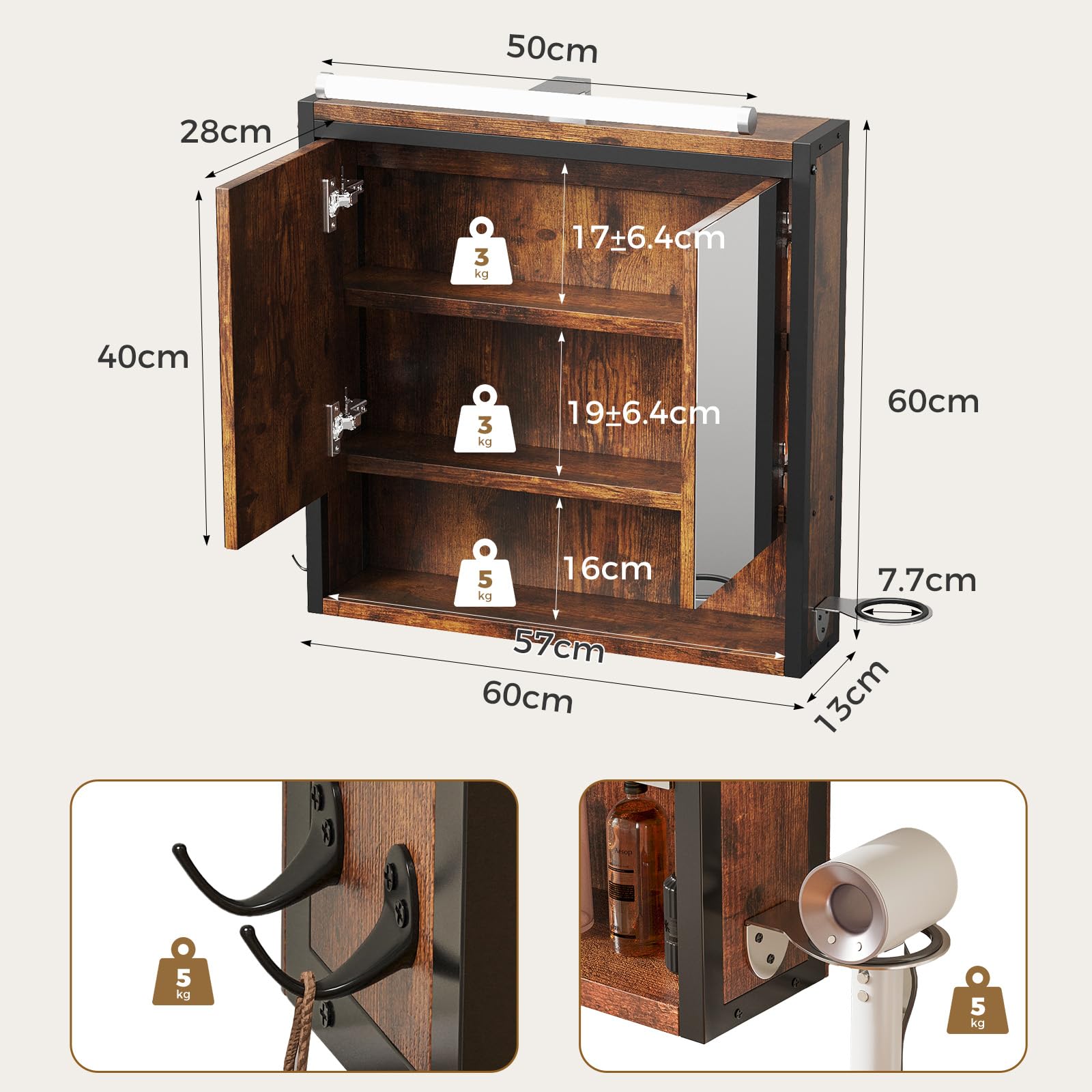 ELUCHANG Armario Espejo Baño con Luz,Mueble Baño,Rmario Colgante con Iluminacion, Mueble Baño con Espejo, 3 Compartimientos de Almacenaje, Estante Interior Ajustable, Vintage+Negro, 60x13x60 cm