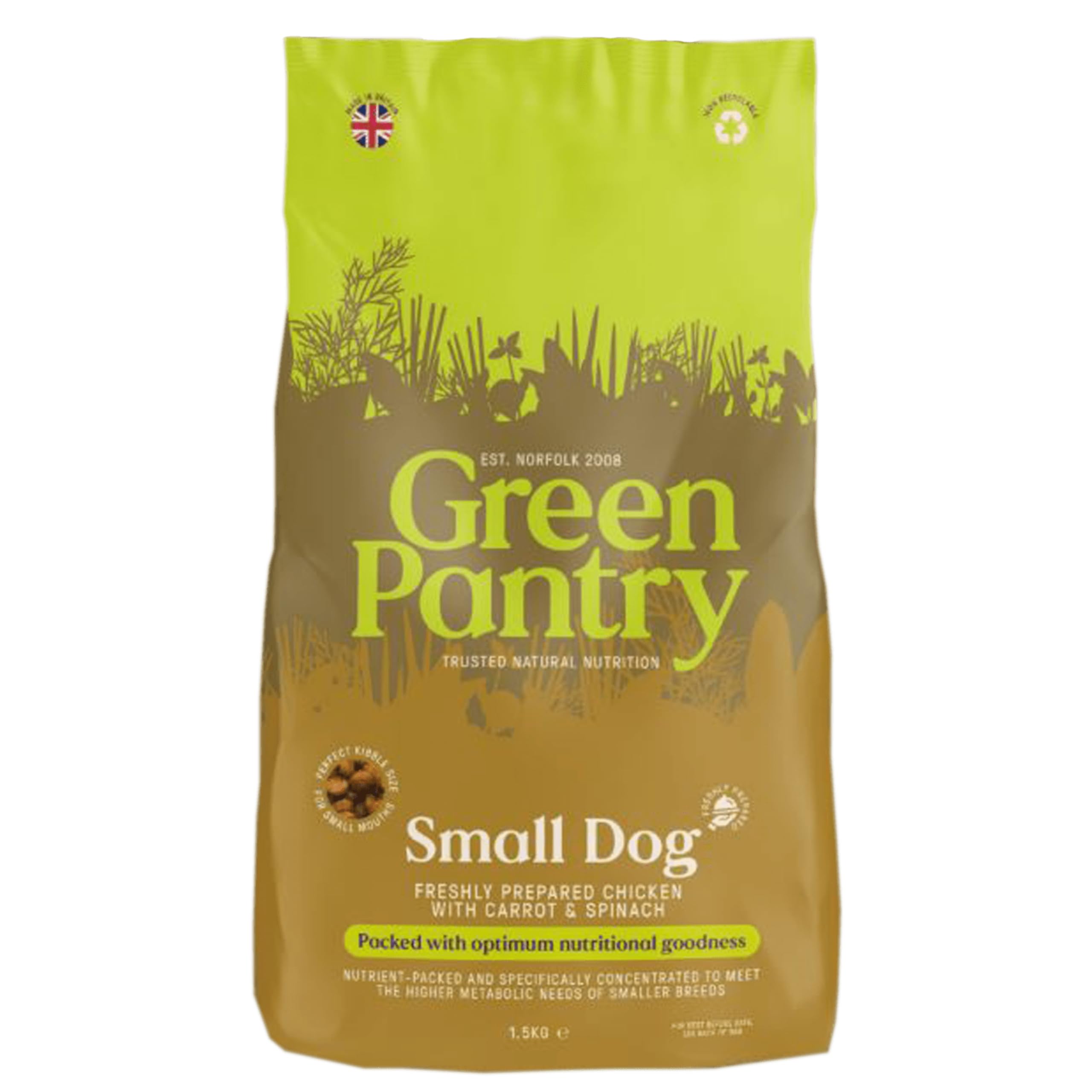 Green Pantry - Small Dog Nutrition, Natural Dry Small Dog Food, Chicken with Carrot & Spinach, Grain Free Dog Food for All Little Dog Breeds, 1.5kg