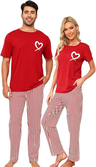 EISHOPEER Matching Pajamas for Couples Printed Short Sleeve Top & Long Pants Sleepwear S-XXL