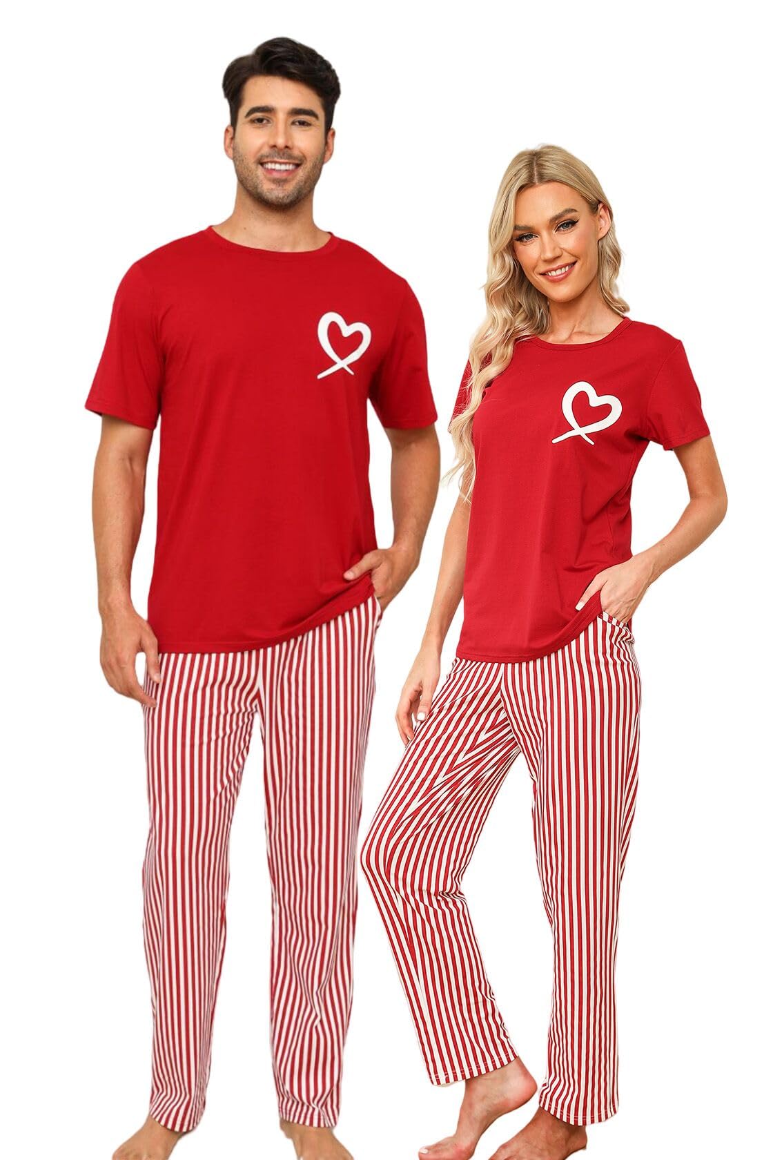 EISHOPEER Cotton Matching Pajamas for Couples Cute Printed Short Sleeve Top & Long Pants Sleepwear Pjs Sets