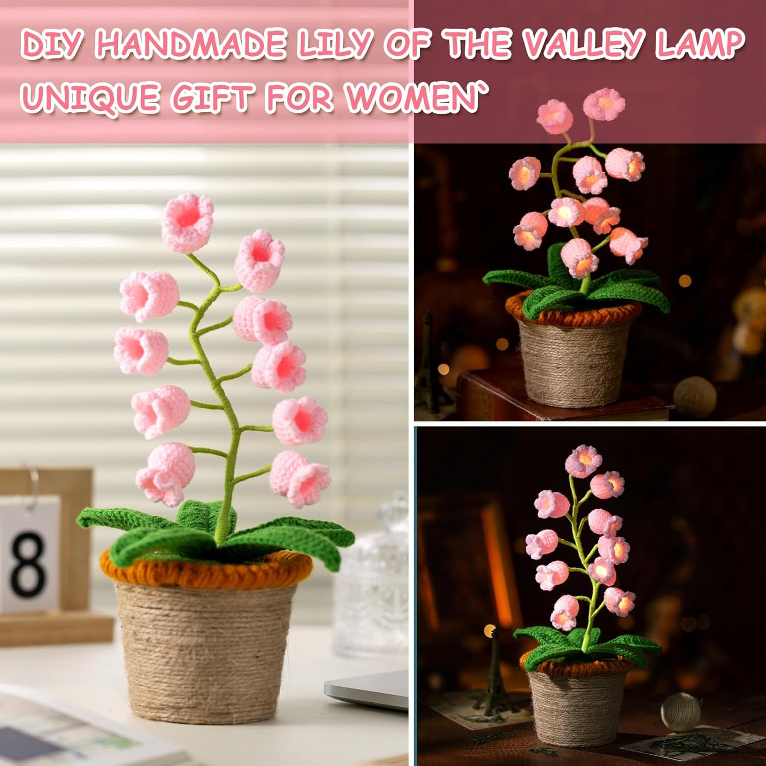 Lily of The Valley Lamp, Pink Crochet Artificial Flowers with Night Lights, Cordless Table Lamp -Birthday Gifts for Women,Cozy Home Decor Mothers Day Gifts