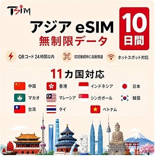 アジア eSIM 11カ国｜10日間 無制限データ｜中国 香港 インドネシア 日本 マカオ マレーシア シンガポール 韓国 台湾 タイ ベトナム｜QRコード24時間以内｜初回接続時に自動開通