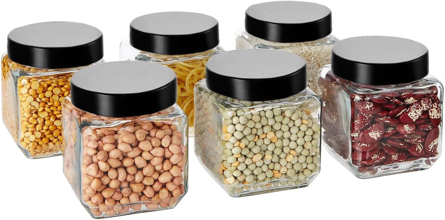Piramal Glass Cubical Square 600ml Transparent Glass Jars & Containers for Kitchen Pantry, Snacks, Masala, Jams, Pickles, Cookies, Dry Fruits, Coffee Storage with Black Plastic Lid (600ml, Set Of 6)
