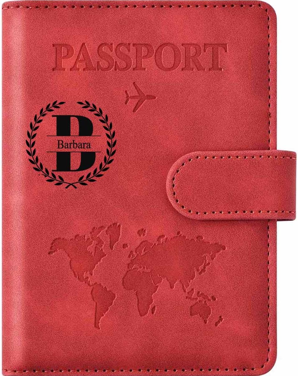 Personalized PU Leather Passport Holder with Name & Initial,Custom Monogram RFID Blocking Travel Wallet Card Case & Document Organizer for Men Women