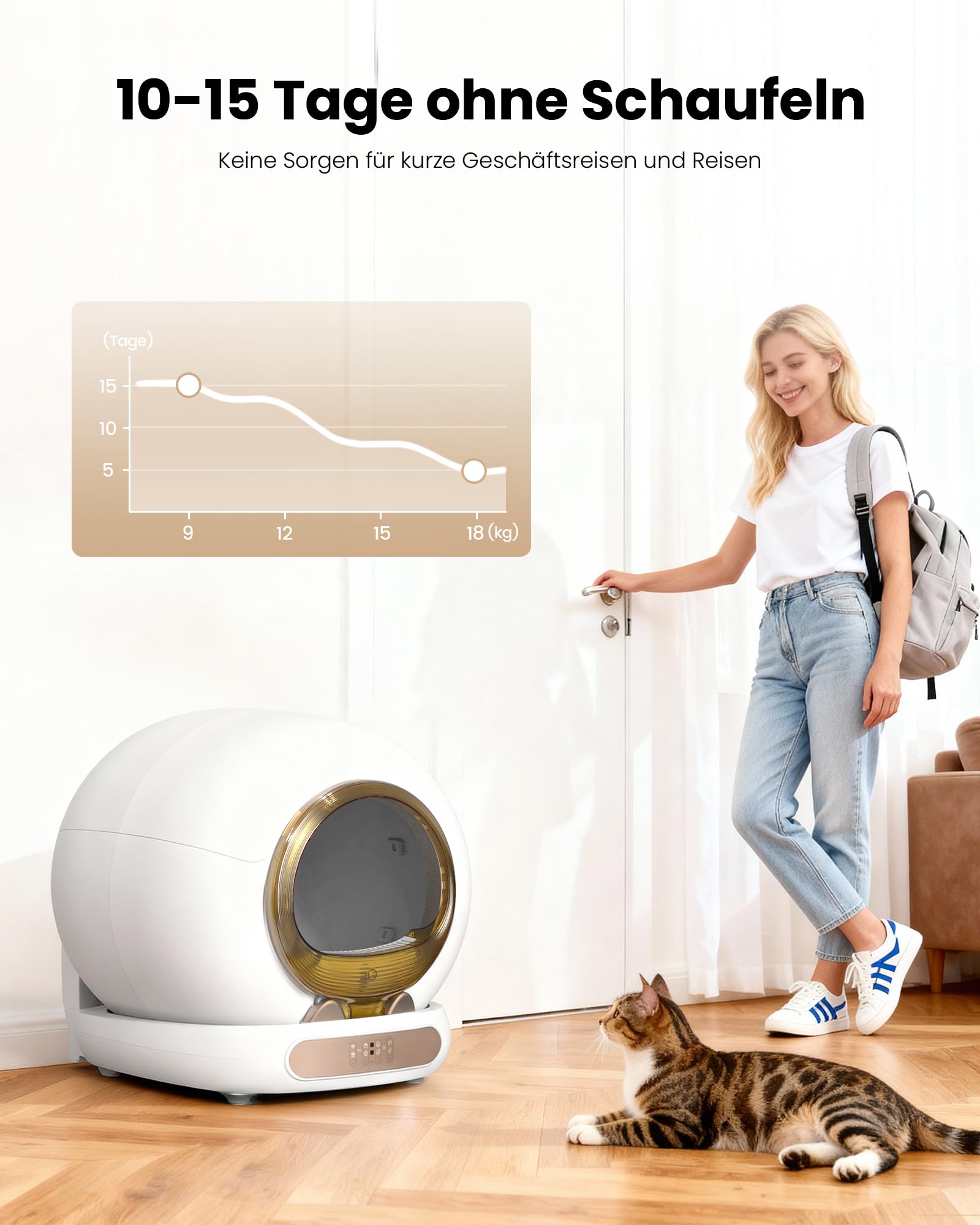 Selbstreinigende Katzentoilette mit Türvorhang, 65L+9L Katzenklo Selbstreinigend mit Müllbeutel, Matte, APP Steuerung, Desodorieren, Elektrisches Katzenklo für Mehrere Katzen, Golden